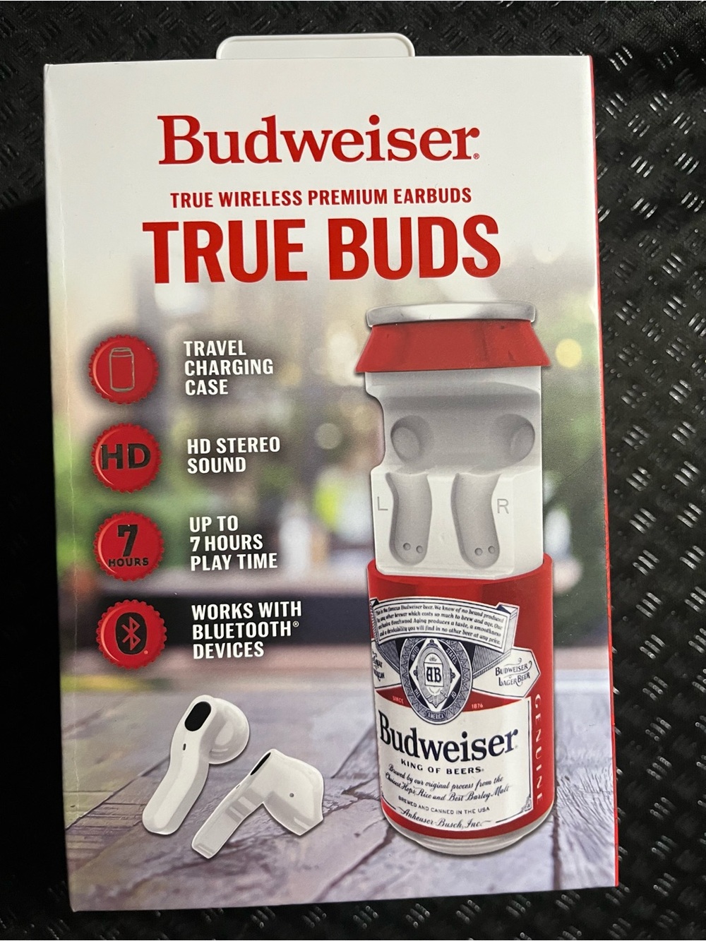 Budweiser True Buds Wireless Earbuds in White with Red Accents